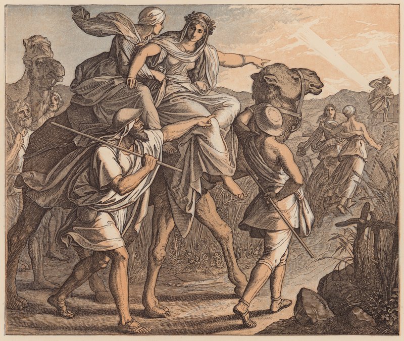 Izsák és Rebeka találkozása, Genezis, XXIV, 64 (színes metszet) alkotó: Julius (after) Schnorr von Carolsfeld