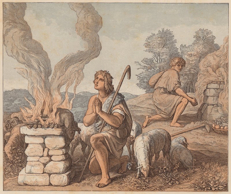 Káin és Ábel áldozatai, Genezis, IV, 3, 4 (színes metszet) alkotó: Julius (after) Schnorr von Carolsfeld