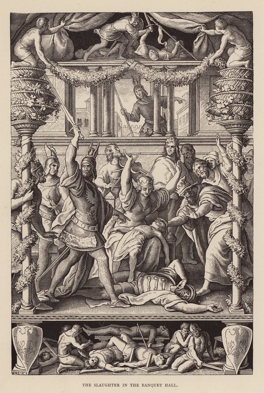 Mészárlás a díszteremben (metszet) alkotó: Julius (after) Schnorr von Carolsfeld