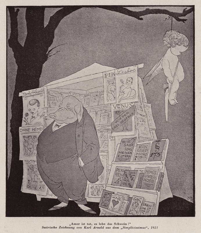 Ámor lóg egy fáról egy pornográfiát árusító utcai kioszk fölött (litho) alkotó: Karl Arnold
