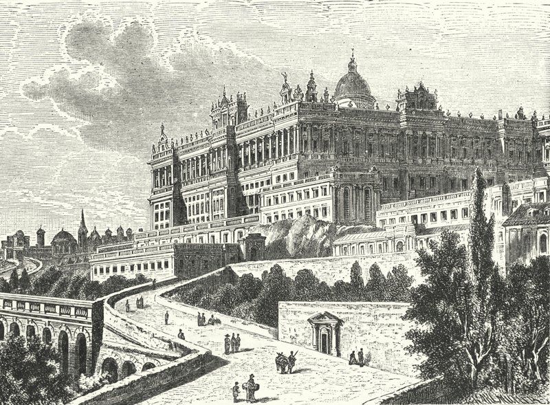 Királyi Palota, Madrid, Spanyolország (metszet) alkotó: Karl Muller