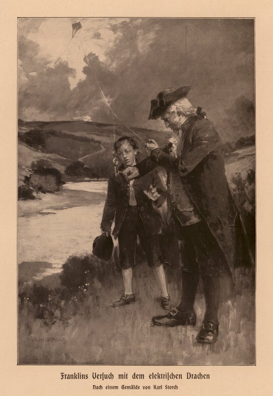 Benjamin Franklin villámlást vizsgál (litográfia) alkotó: Karl Storch