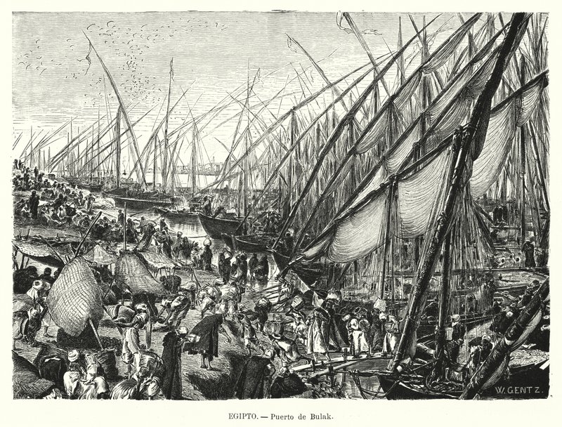Rakpartok a Níluson Bulaqnál, Kairóban, Egyiptomban (litho) alkotó: Karl Wilhelm Gentz