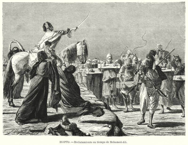 Katonák toborzása az oszmán hadseregbe Muhammad Ali, az egyiptomi Khedive idejében (litho) alkotó: Karl Wilhelm Gentz