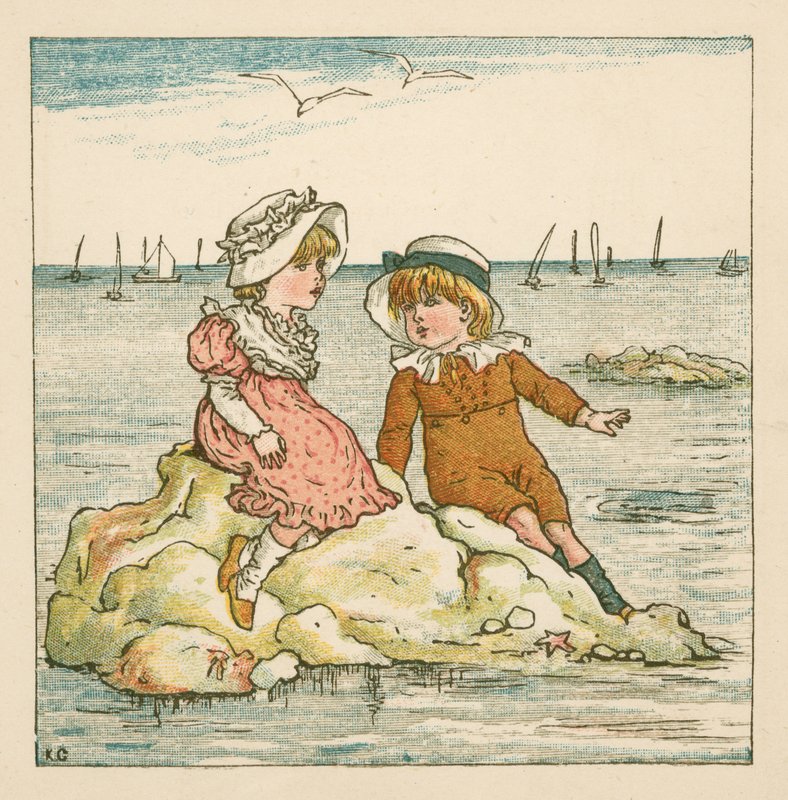 Fiú és lány egy sziklán rekedt (színes litó) alkotó: Kate (after) Greenaway