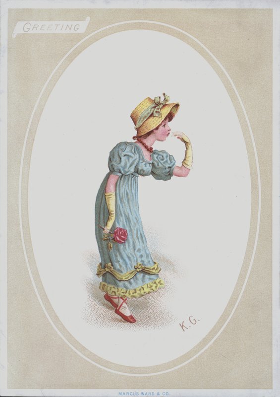 Lány kék ruhában, szalmakapuval, kezében rózsa (színes litó) alkotó: Kate (after) Greenaway