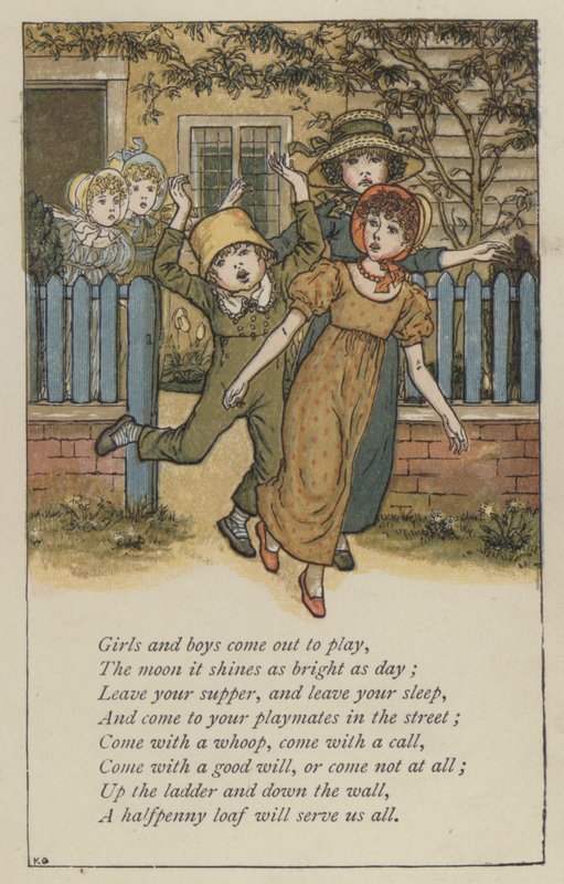 Lányok és fiúk jönnek ki játszani (színes litho) alkotó: Kate (after) Greenaway