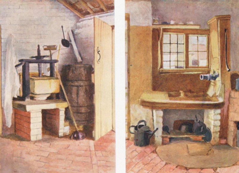 A konyhai szivattyú és a régi sajtprés, Rolleston (színes litográfia) alkotó: Kate (after) Greenaway