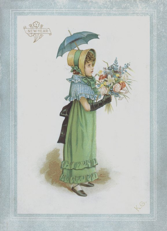 Lány zöld ruhában, kezében napernyővel és egy csokor virággal alkotó: Kate Greenaway