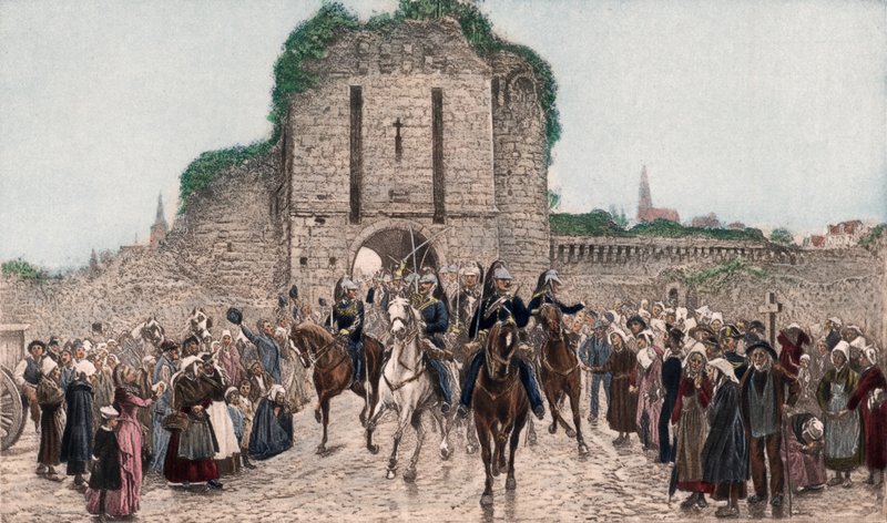 A lovasság elhagyja a breton várost (színes fotógravúr) alkotó: Lady  Butler