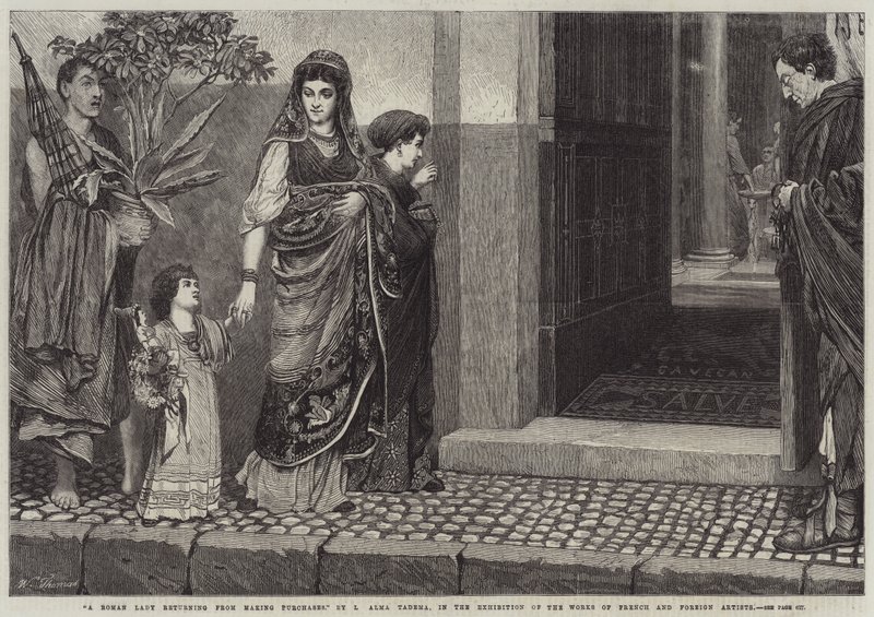 Egy római hölgy, aki visszatér a vásárlásból alkotó: Lawrence Alma Tadema