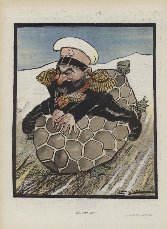 Alekszej Kuropatkin, orosz hadügyminiszter. Illusztráció a Le Rire-hez (színes litó) alkotó: Leal de Camara