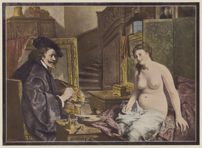 Rembrandt, holland művész a műtermében dolgozik (színes litó) alkotó: Leon Brunin