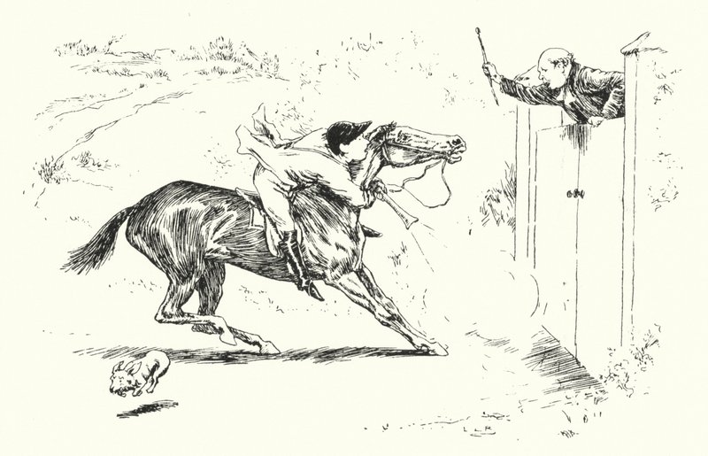 Egy férfi vadászni ment Reigate-ben, és át akart ugrani egy magas kapun (metszet) alkotó: Leonard Leslie Brooke