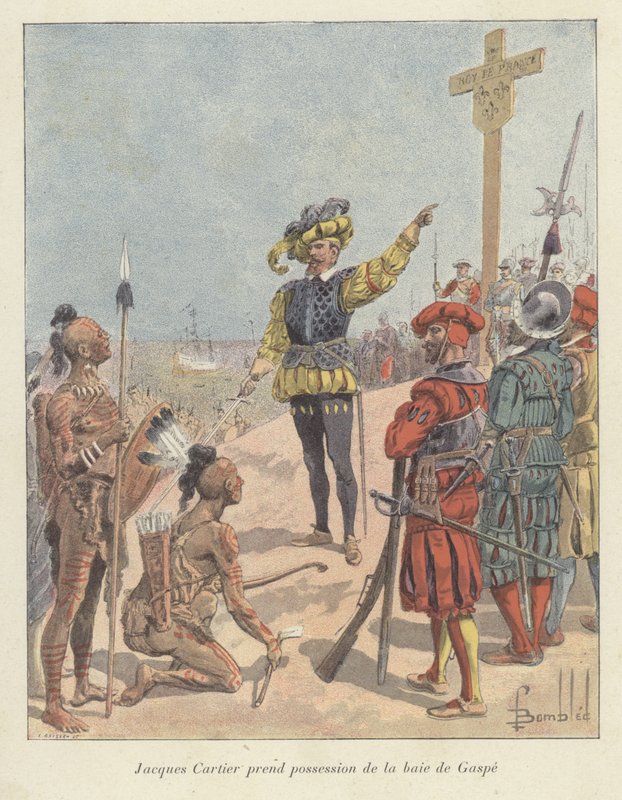 Jacques Cartier azt állítja, hogy a kanadai Gaspe-öböl francia birtokba került, 1534 alkotó: Louis Charles Bombled