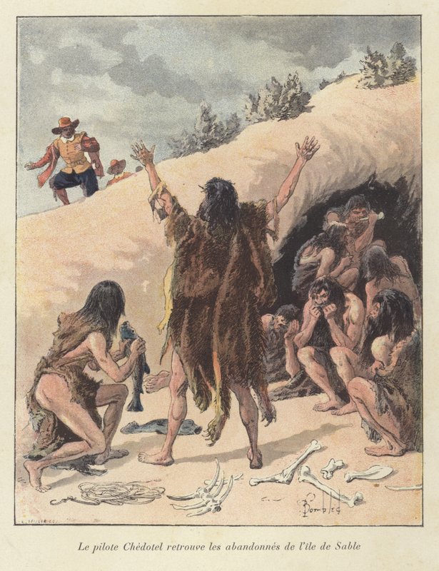 A Chedotel pilóta megtalálja a francia kolónia túlélő tagjait a kanadai Ile de Sable-n, c1600 alkotó: Louis Charles Bombled