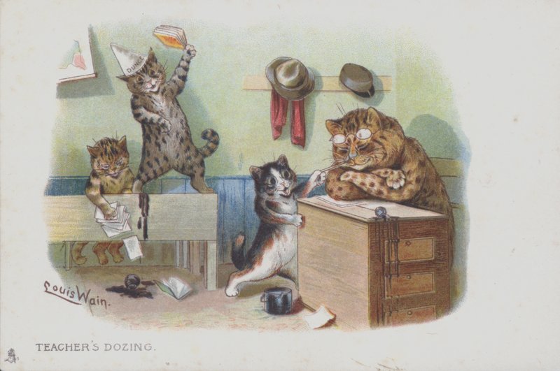 Macskák az osztályteremben: a tanár szunyókál, és ezért a diákok rosszul viselkednek (chromolitho) alkotó: Louis (after) Wain