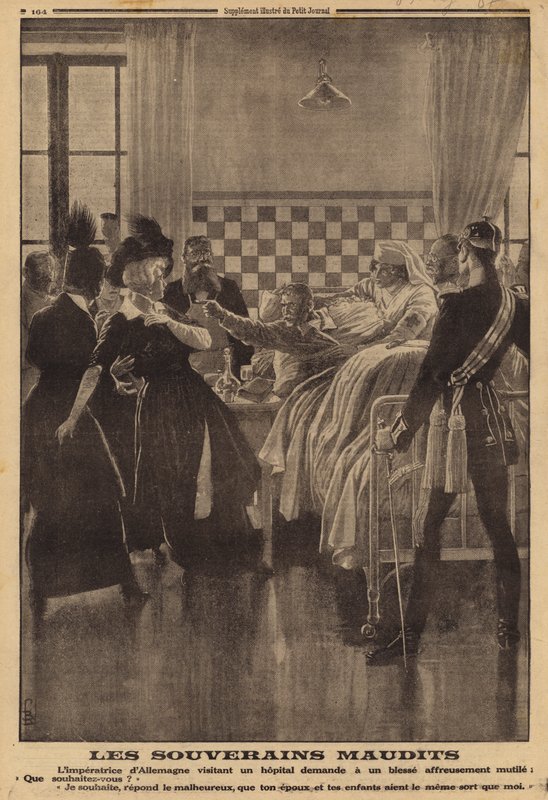 Egy sebesült katona dühös reakciója a kórházban Augusta Victoria császárnő látogatására, az I. világháborúban alkotó: Louis Charles (after) Bombled