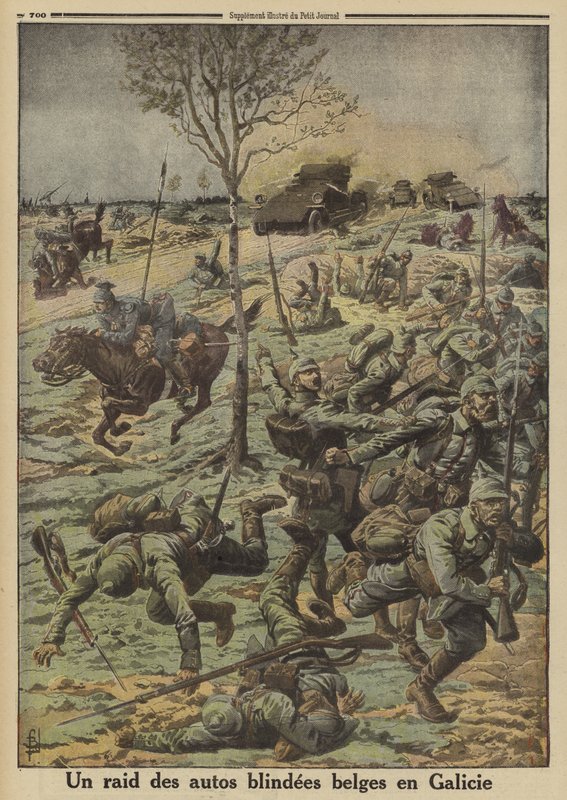 Belga páncélozott autók Bruszilov tábornok orosz hadseregének szolgálatában német csapatokat támadó Galíciában, I. világháború alkotó: Louis Charles (after) Bombled