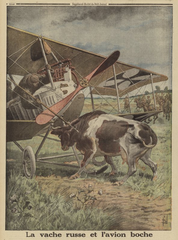 Tehén megakadályozza a német repülőgép felszállását, Luck, Oroszország, I. világháború alkotó: Louis Charles (after) Bombled