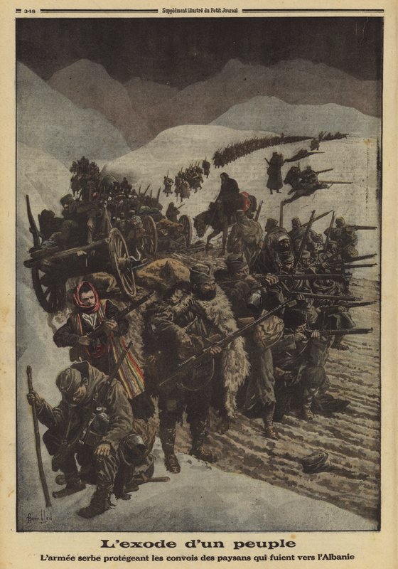 Egy nép kivonulása: Albániába menekülő parasztoszlopot védő szerb hadsereg, I. világháború alkotó: Louis Charles (after) Bombled