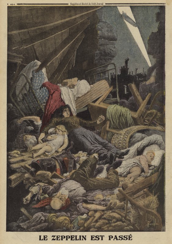 Család halt meg egy német Zeppelin bombatámadásában, I. világháború, 1916 (színes litó) alkotó: Louis Charles (after) Bombled