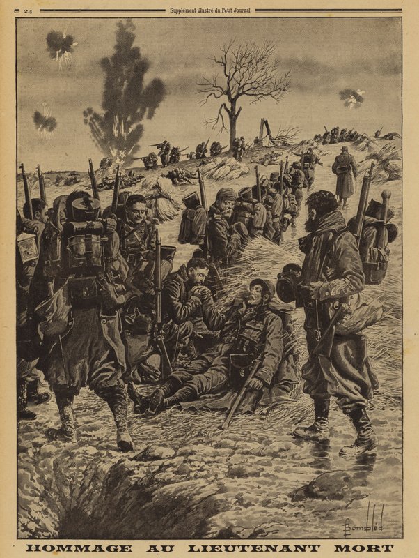 Francia katonák tisztelegnek egy hadnagy előtt, az I. világháborúban alkotó: Louis Charles (after) Bombled