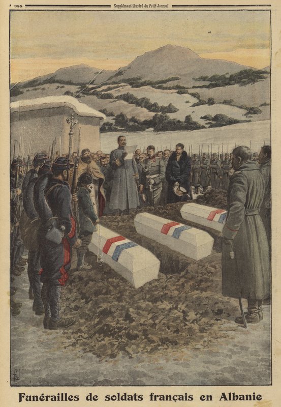 A Szerbiából való visszavonuláskor Albániában elesett francia katonák temetése, az I. világháború alkotó: Louis Charles (after) Bombled