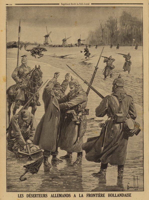 Német katonaszökevények elfogása a holland határon, I. világháború alkotó: Louis Charles (after) Bombled
