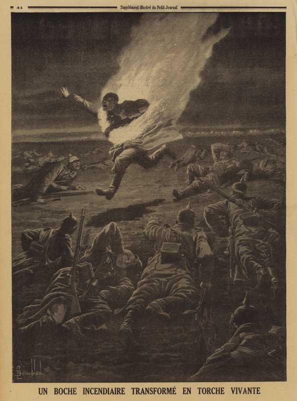 Gyúlékony anyagokat szállító német katona emberi fáklyává változik egy éjszakai ütközet során, I. világháború alkotó: Louis Charles (after) Bombled