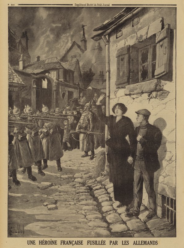 Német háborús bűnök: egy fiatal nőt lőtt le egy francia faluban, I. világháború alkotó: Louis Charles (after) Bombled
