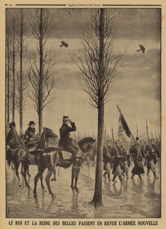 I. Albert király és Erzsébet belga királyné új hadseregük, az I. világháború áttekintése alkotó: Louis Charles (after) Bombled