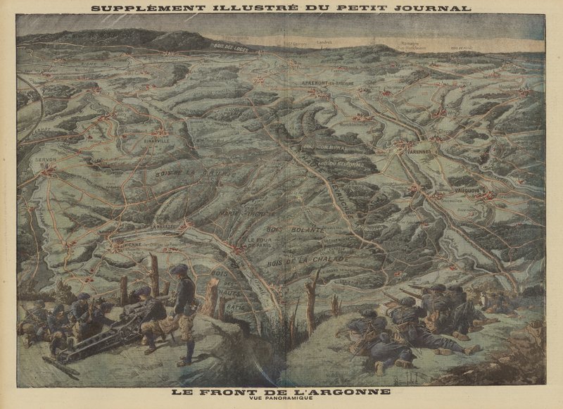 A nyugati front Argonne-i erdősorának panorámaképe, I. világháború alkotó: Louis Charles (after) Bombled