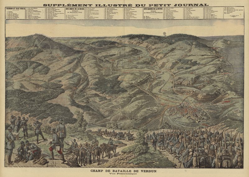 Panorámás kilátás a verduni csatatérre, Franciaország, I. világháború alkotó: Louis Charles (after) Bombled