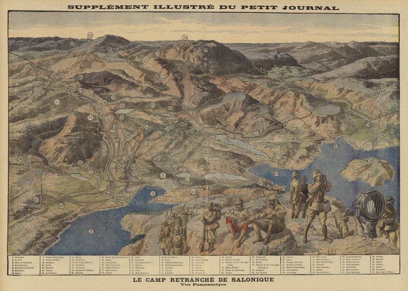 Panorámás kilátás a beépült szövetséges táborra Salonikában, Görögországban, I. világháború alkotó: Louis Charles (after) Bombled