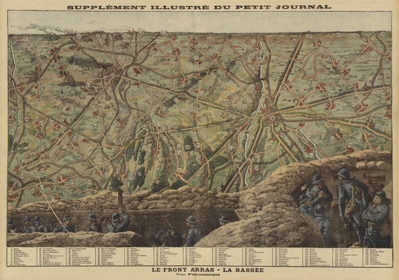 Panorámás kilátás a nyugati front szektorára Arras és La Bassee között, Franciaország, I. világháború alkotó: Louis Charles (after) Bombled