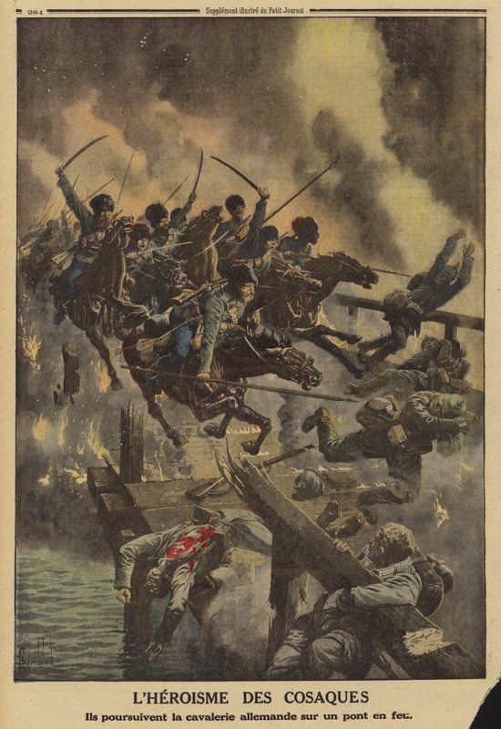 Az orosz kozákok német lovasságot üldöznek a Strypa folyó égő hídján, I. világháború alkotó: Louis Charles (after) Bombled