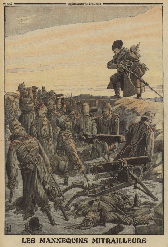 Orosz katona egy német árkot fedez fel álkatonák által vezetett gépfegyverekkel; Első Világháború alkotó: Louis Charles (after) Bombled