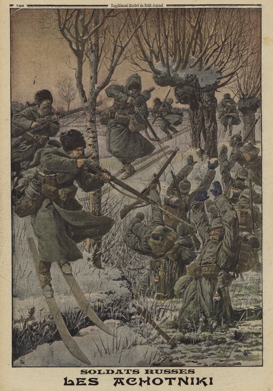 Orosz katonák síléceken elfognak egy csoport németet, I. világháború alkotó: Louis Charles (after) Bombled