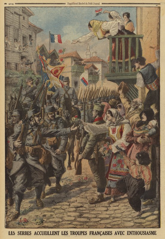 Szerb civilek lelkesen üdvözlik a francia csapatok érkezését, az I. világháborút alkotó: Louis Charles (after) Bombled