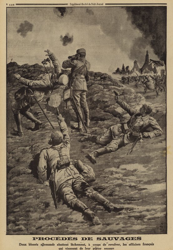 Két sebesült német katona hátba lövi az őket menedékbe segítő francia tiszteket, I. világháború alkotó: Louis Charles (after) Bombled