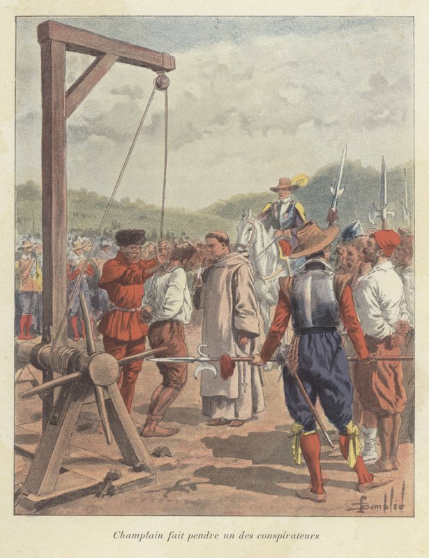 Samuel de Champlain összeesküvőt akaszt, Kanada, 17. század alkotó: Louis Charles Bombled