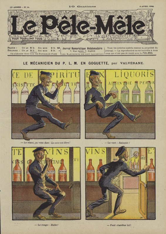 A P.L.M. szerelője szökésben. Illusztráció: Le Pele-Mele, 1906 alkotó: Louis Denis Valverane
