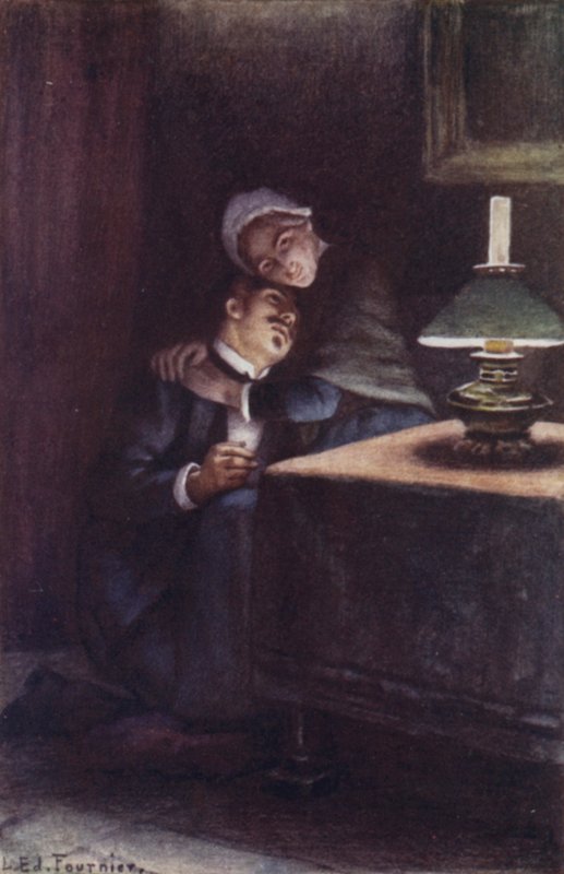 Nehéz, gyapjas fejét a lány térdére hajtotta, és felidézte gyermekkora boldog estéit. alkotó: Louis Edouard Paul Fournier