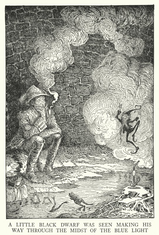 Egy kis fekete törpét látták áttörni a kék fény (litho) közepén. alkotó: Louis John Rhead