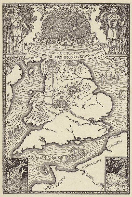 Egy térkép, amely bemutatja a királyi vadászerdők helyzetét, ahol Robin Hood élt, i.sz. 1160-1247 alkotó: Louis John Rhead