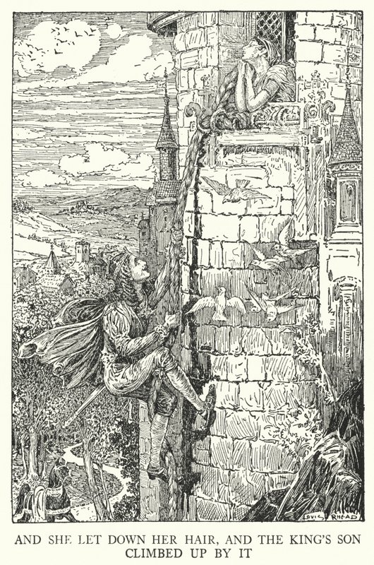 És leeresztette a haját, és a király fia felmászott mellette (litho) alkotó: Louis John Rhead