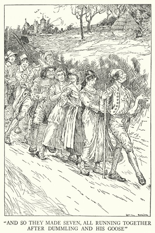 "És így csináltak hetet, mind együtt futva Dummling és a libája után" (litho) alkotó: Louis John Rhead
