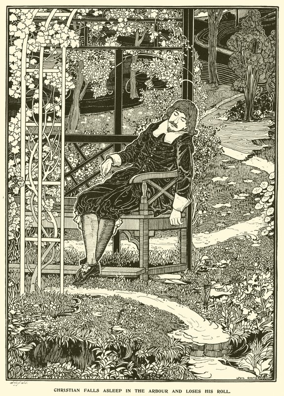 Christian elalszik a lugasban, és elveszti tekercsét (metszet) alkotó: Louis John Rhead