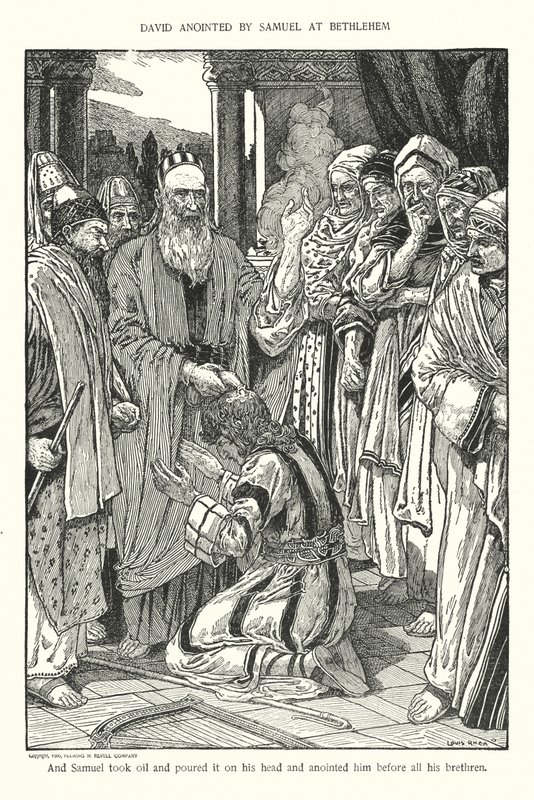Dávid felkenése Sámuel által Betlehemben (litográfia) alkotó: Louis John Rhead
